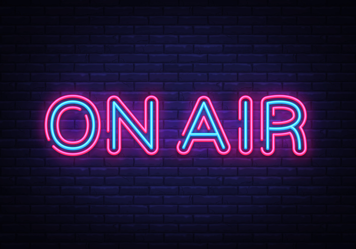 On Air neon sign vector. On Air Radio Design template neon sign, light banner, neon signboard, nightly bright advertising, light inscription. Vector illustration.