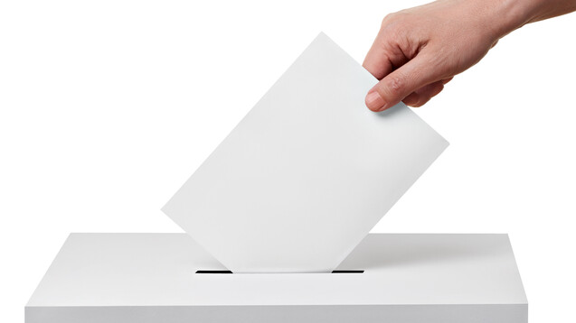 close up of  a ballot box and casting vote on white background